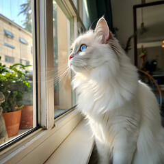 fluffy white cat with blue eyes sitting gracefully