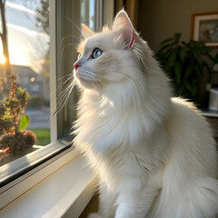 fluffy white cat with blue eyes sitting gracefully