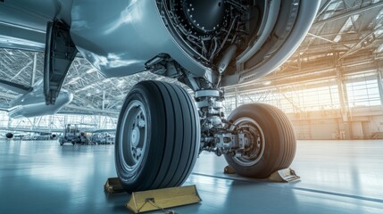 Airplane wheel compartment with mechanical components and hydraulic systems, essential for safe landing and takeoff. Precision engineering and aviation safety concepts.