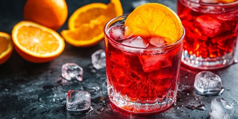 Vibrant red cocktail featuring fresh orange slices and ice stones, creating a refreshing drink experience with bright colors and delightful flavors. Perfect for any cocktail enthusiast.