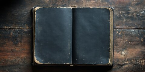 An old black book featuring empty pages rests against a dark backdrop, providing ample space for additional text or design elements.