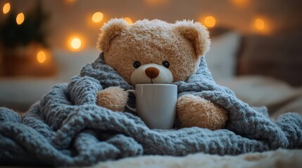 Cute teddy bear with cozy blanket and coffee with blurred background .