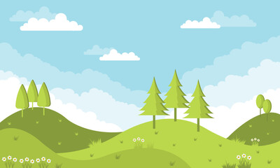 Obraz premium Nature landscape with green hills, trees and clouds. Vector illustration.