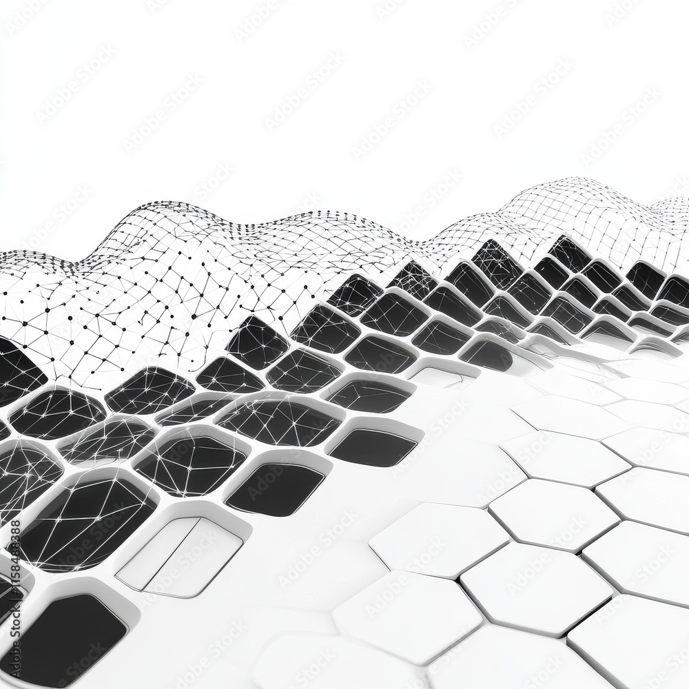 Poster abstract composition of hexagonal patterns and geometric lines in black and white, evoking a sense o