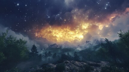 Naklejka premium Mystical Night Landscape: Starry Sky over Misty Mountains and Forest