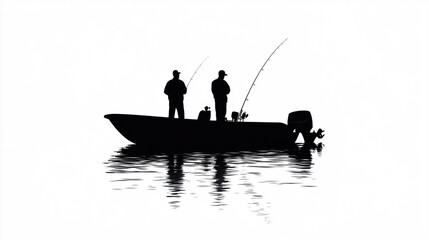 Silhouetted fishermen casting lines on calm waters during sunset. 