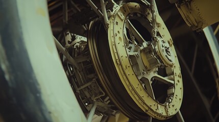 Airplane wheel compartment with mechanical components and hydraulic systems, essential for safe landing and takeoff. Precision engineering and aviation safety concepts.