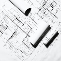 Architectural blueprints rolled out on a table, showcasing intricate design and layout details.