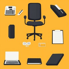 A modern office workspace featuring a black ergonomic chair surrounded by essential office supplies.