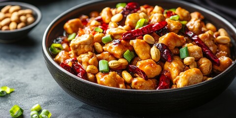 Fototapeta premium Kung Pao Chicken is a classic dish in Chinese cuisine, featuring chicken meat, chilli peppers, peanuts, and onion, making Kung Pao Chicken a delicious and flavorful option for any meal.
