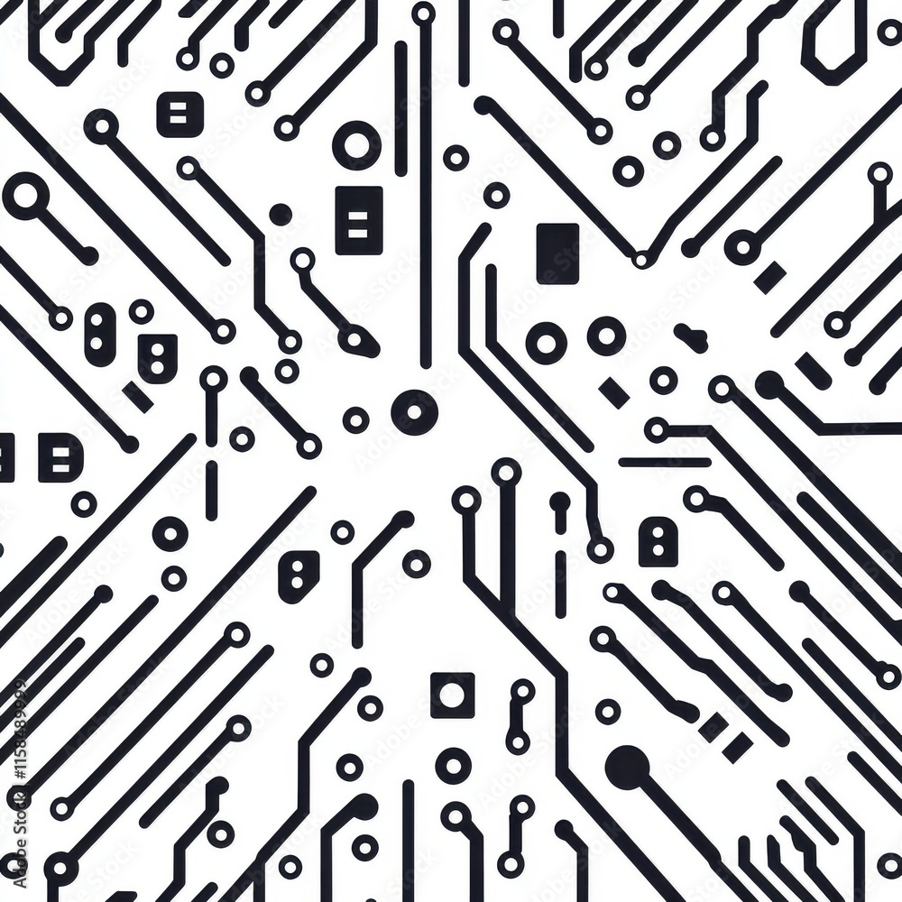 Poster abstract black and white circuit board design with intricate patterns and lines.