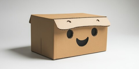 A cardboard box featuring a design that includes a face and expressive eyes is presented, showcasing its unique and playful character.
