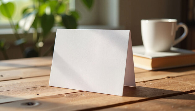 Blank card displayed on a wooden table in a bright room with a cup and an open book - Powered by Adobe