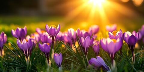 Meadow adorned with vibrant purple crocus blossoms, backlit by bright sunlight, creating a stunning...