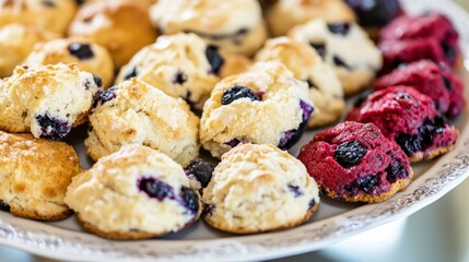 Variety of mini scones featuring orange and blueberry flavors. These delightful mini scone cookies are perfect for any occasion, showcasing an appealing assortment of mini scones.