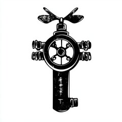 Obraz premium Vintage black and white illustration of a unique fire hydrant with propeller design, exuding an industrial aesthetic.