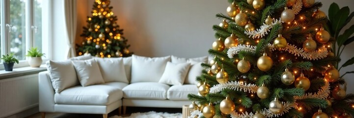 A festive and cozy atmosphere of a large Christmas tree with golden and silver ornaments in front of a white couch, silver, christmas
