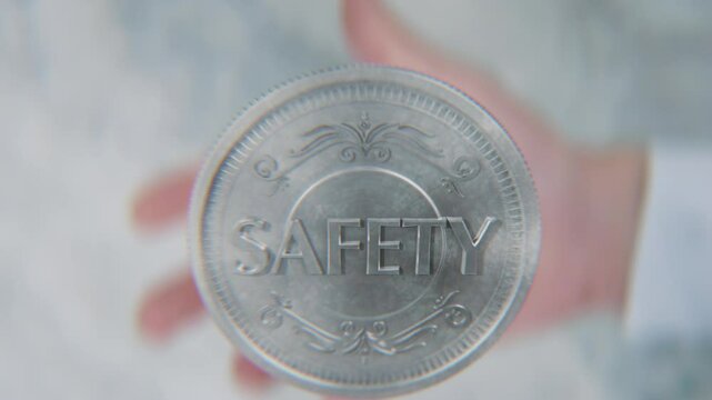 A hand flips a coin marked Risk and Safety, spinning toward the camera in slow motion