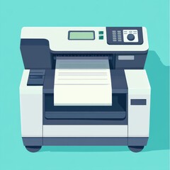A modern printer on a vibrant turquoise background, showcasing a document being printed.