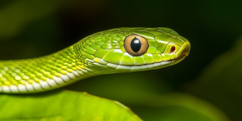 Obraz premium Green whip snake, also known as hierophis viridiflavus, showcasing its striking features in a natural habitat. This green whip snake is a beautiful example of its species.