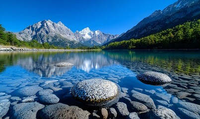 Inspirational Landscape Quote, a serene vista featuring mountains and a tranquil lake, with a motivational message subtly integrated into the scene.