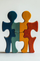 A colorful wooden puzzle piece with human figures standing on it, symbolizing the interconnected Quadrants of Team Elite, against a white background, captured in high-resolution