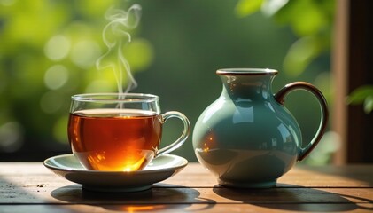 Fototapeta premium Delicate ceramic vase filled with steaming tea, still life, vase, tea