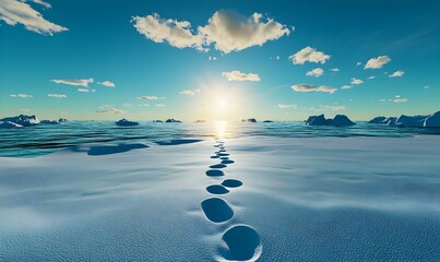Footprints on a sandy beach, leading towards a distant horizon, evoking a sense of journey and exploration under a clear blue sky.
