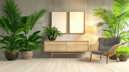 Modern Living Room Interior with Plants and Empty Frames