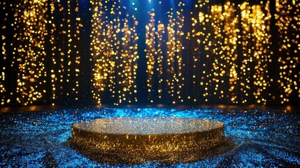 Glittering gold podium on blue sparkle background.