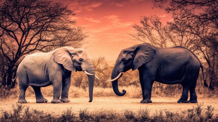 Two African Elephants Meeting at Sunset