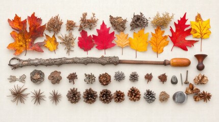 Autumnal Nature Collection Leaves, Cones, and Wood