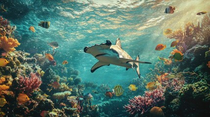 Fototapeta premium Vibrant underwater scene featuring a shark and colorful coral reef with diverse fish species.