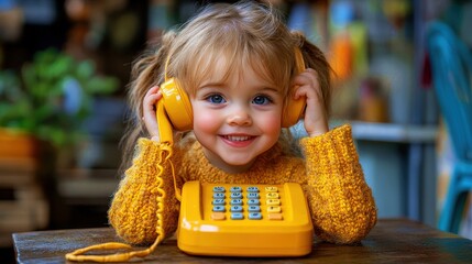 Child joyfully pretending to make a call on a bright yellow toy phone during playtime in a cozy indoor setting