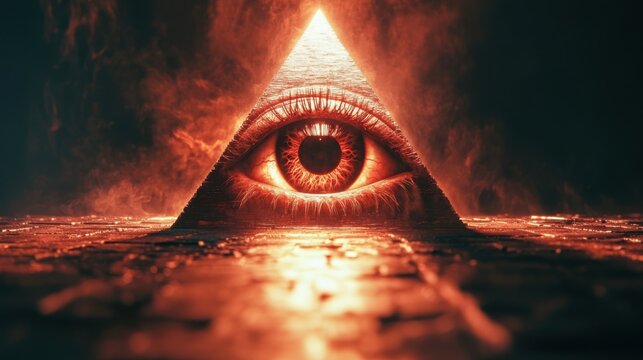 Neon all-seeing eye within a pyramid glowing against a dark background creates an intriguing and mysterious visual effect at night