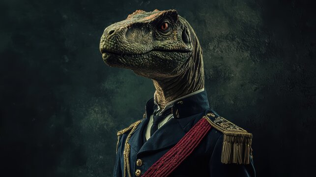 A Regal Raptor:  A majestic dinosaur in military attire, a unique portrait showcasing creative artistry and imaginative blending of prehistoric and modern worlds.