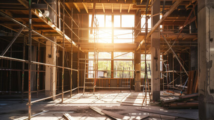 Fototapeta premium Residential House Construction with Scaffolding in Progress