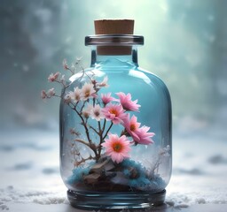 Illustration of transparent bottle with spring flower inside.
