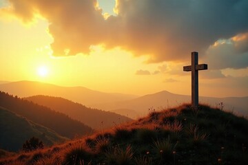 Gentle sunrise lights the solitary wooden cross on a rolling hill, soft, landscape, gentle