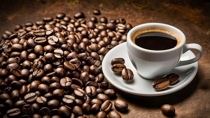 Fototapeta premium Black coffee cup drink with brown roasted beans, hot energetic beverage caffeine cappuccino on cozy & appetizing aroma