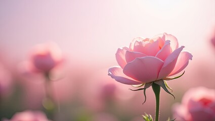 Fototapeta premium Beautiful isolated blossom pink roses with bokeh flowers field as background 