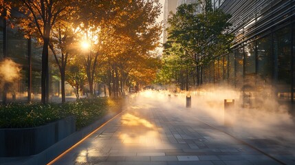 Sunlit autumnal city park path with mist.