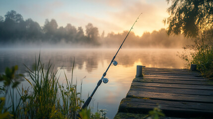 Fishing rod resting on a wooden dock at sunrise over a misty lake in a tranquil natural setting. 