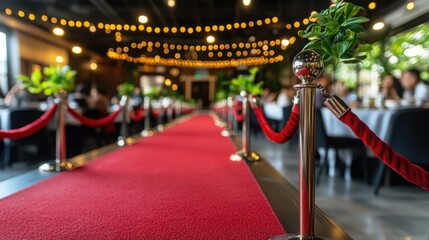 The red carpet stretches towards the podium, framed by elegant golden lights and plush velvet ropes, creating a festive atmosphere for a product unveiling.