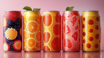 Colorful tin cans filled with refreshing fruit drinks displayed against a pastel background in a bright and cheerful arrangement