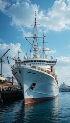 Naklejka premium Majestic cruise ship docked in a port under a partly cloudy sky
