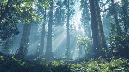Obraz premium Sunbeams illuminating a misty forest path.