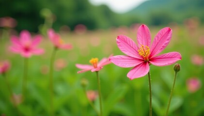 Fototapeta premium Pink Arachnothryx leucophylla blossoms in a field of greenery, greenery, flowers, landscape
