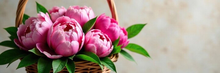 Fototapeta premium Pink peony flowers nestled among lush greenery in a wicker basket, peonies, , flower arrangements