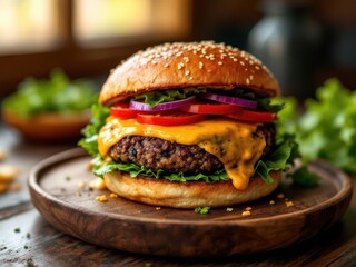 Classic burger with juicy patty and fresh toppings, showcasing a tempting and indulgent comfort food. Suitable for food blogs, restaurant promotions, or fast food advertising.